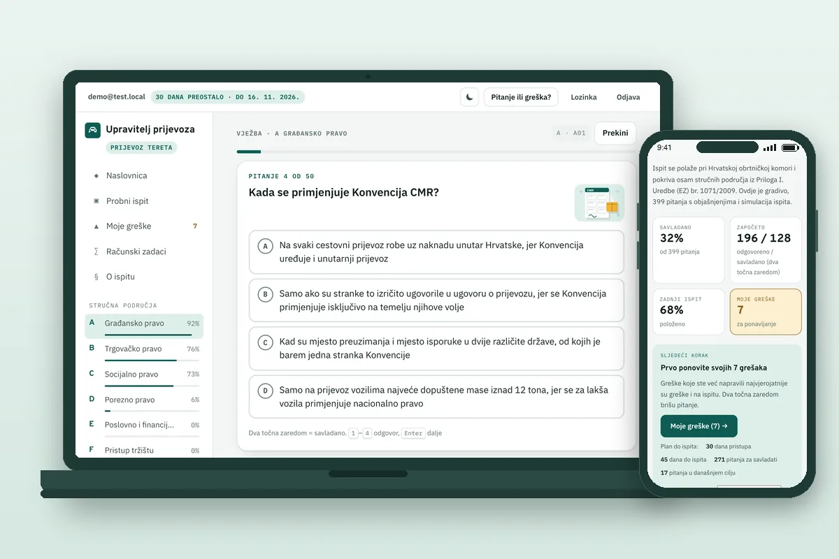 Tečaj nakon prijave: pitanje za vježbu o Konvenciji CMR na računalu, a na mobitelu pregled sa savladanim gradivom, Mojim greškama i sljedećim korakom